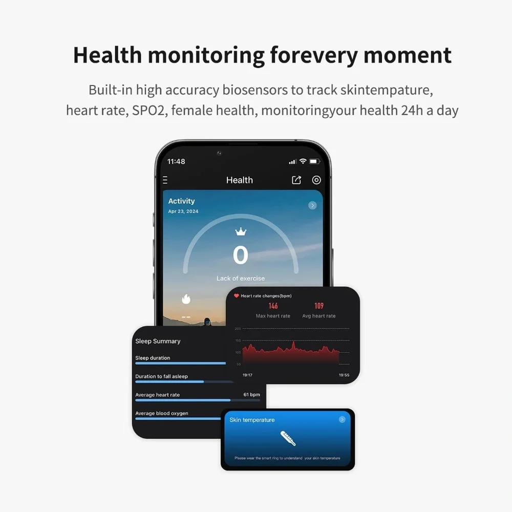 Fitness Ring Health Tracker Black Size 8